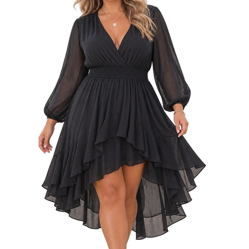 Torrid Black Chiffon High Low Dress V-Neck Smocked Waist Long Sleeve Plus Size 1